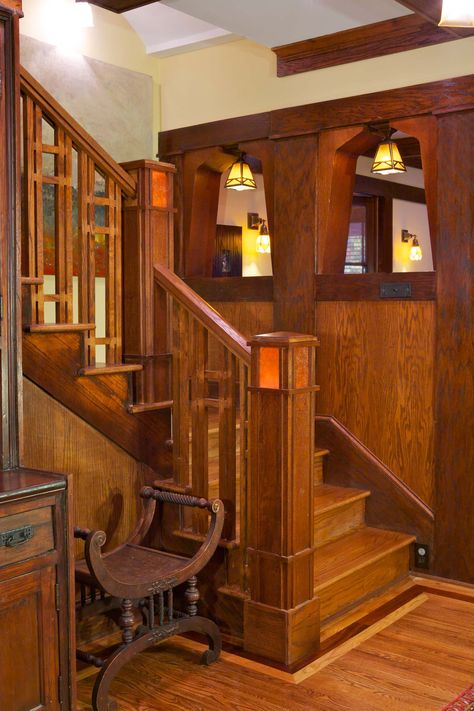 Arts & Crafts - Traditional - Staircase - Atlanta - by Copper Sky Design + Remodel | Houzz Farmhouse Remodel Before And After, Dream Bungalow, Craftsman Staircase, Wood Railings For Stairs, Rustic Staircase, Traditional Staircase, Handrail Design, Craftsman Interior, Basement Bar Designs