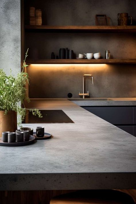 Cement Style Interior Design, Industrial Kitchen Countertops, Concrete Kitchen Wall, Concrete Style Kitchen, Industrial Contemporary Kitchen, Kitchen Industrial Style Modern Rustic, Dark Industrial Kitchen, Kitchen Ideas Concrete, Cement Kitchen Ideas