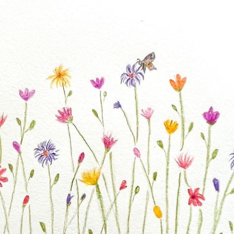 ArtbyGanga - Painting ,Drawing, surface pattern design on Instagram: "Wildflowers in colored pencil #artbyganga #sketchbook @strathmoreart #colorpencil @fabercastellglobal It was much fun to draw this imaginary wildflower field 😊 #art #wildflowers #purple #pink #yellow #red #orange #colorful #beautiful #wildflowergarden #butterfly #artistsoninstagram #artist #instaart #coloredpencil #coloredpencilart #coloredpencilmagazine #flowers #bloom #blossom #flowerstagram #flowerlovers #artlovers #instagram #instagood #instalove" Wildflower Field Drawing, Wildflower Painting Simple, Dainty Painted Flowers, Hand Painted Wild Flowers, Purple Wildflowers Aesthetic, Easy Wild Flower Painting, Diy Wildflower Painting, Easy Wildflower Drawing, Painting Wildflowers Easy