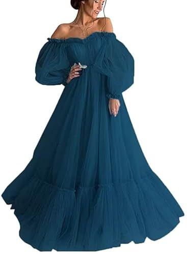 Amazon Prom Dresses, Senior Ball Dresses, Tulle Dress Long Sleeve, Prom Dress Off Shoulder, Summer Prom Dress, Navy Blue Long Dress, Princess Evening Dress, Tulle Dress Long, Long Puffy Sleeves