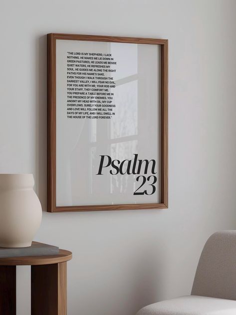 Elevate your home decor with our beautiful Psalm 23 print, featuring the comforting Bible verse "The Lord is my Shepherd." This stunning piece of scripture wall art not only serves as a reminder of faith but also adds a touch of modern Christian art to your living space. Perfect for any Christian home, this Psalm 23 typography wall art makes an ideal gift for loved ones seeking inspiration and peace. Available as a printable wall art, you can easily decorate your walls with this meaningful messa Large Bible Verse Wall Art, Faith Wall Art, Letter Board Bible Verses, Christian Apartment Decor, Diy Christian Decor, Christian Decor Ideas, Prayer Wall Ideas, Psalm 23 Art, Christian Art Aesthetic