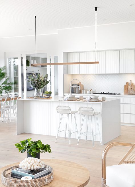 Modern Coastal Cabinets, Dining Room With Open Kitchen, White And Light Timber Kitchen, Coastal Open Floor Plan, Kitchen White And Timber, Coastal Hampton Kitchen, White And Timber Interior, Light And Natural Kitchen, White Kitchen Timber Floor