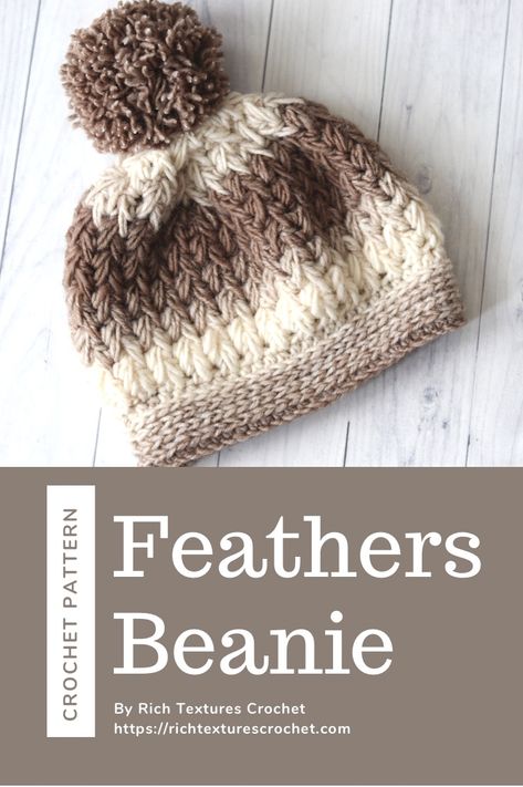 A tan and white crochet beanie Puff Stitch Crochet Beanie, Puff Stitch Beanie Free Pattern, Crochet Ladies Hat Free Pattern, Crochet Puff Stitch Beanie, Feather Stitch Crochet Pattern, Crochet Feather Stitch, Free Crochet Patterns Beanie, Granny Stitch Beanie, Feather Stitch Crochet