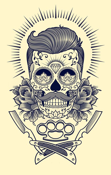 ArtStation - 22, Kazimirov Dmitriy Barber Skull Tattoo, Psychobilly Tattoo Ideas, Barber Shop Dibujos, Barber Tattoo Ideas, Old School Skull Tattoo, Skull Back Tattoo, Barber Tattoo, Tumblr Drawings, Bike Drawing