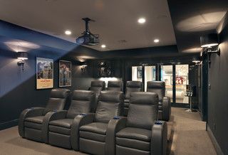 75 Home Theater with Black Walls Ideas You'll Love - May, 2024 | Houzz In Home Movie Theater, Media Room Ideas, Industrial Scandinavian, Walls Ideas, Farmhouse Transitional, Scandinavian Rustic, At Home Movie Theater, Living Photo, Rustic Coastal