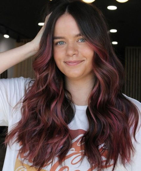 Muted Pink Highlights for Dark Brown Hair Pink Highlights On Brown Hair, Dark Hair With Pink Highlights, Brown Hair With Pink Streaks, Hair Pink Streaks, Dye Curly Hair, Streaks Hair, Brown And Pink Hair, Pink Haircut, Mocha Brown Hair