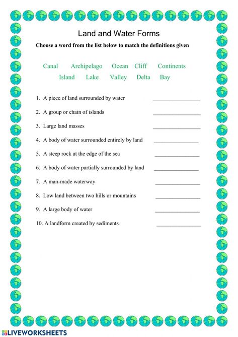 Water Forms Worksheet, Land Form, Water Forms, Southern Colonies, Land Forms, Underground Railroad, Grade 6, School Subjects, Online Workouts