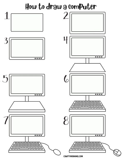 How to Draw a Computer - Step by Step Printable - Crafty Morning How To Draw A Computer, How To Draw Objects, Computer Art Drawing, Computer Drawing Easy, Draw A Computer, Pc Drawing, Draw Objects, Laptop Drawing, How To Drow