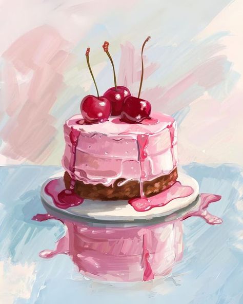 Cake Wall Decor, Cake With Cherries On Top, Cake With Cherries, Retro Cake, French Cake, Aesthetic Wall Decor, Wall Decor Kitchen, Art Mignon, Poster Aesthetic