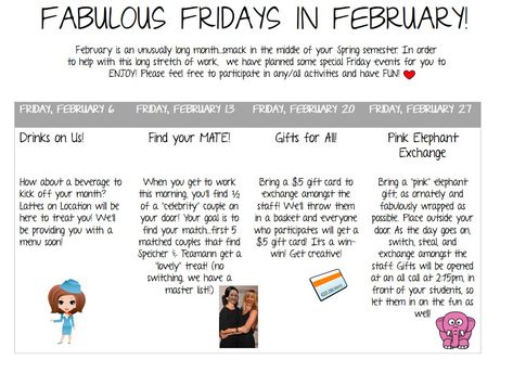 Love on your staff w/Fab Fridays in February Hr Ideas, Morale Ideas, Employee Engagement Activities, Staff Engagement, Teacher Morale, Staff Appreciation Week, Morale Boosters, February Ideas, Staff Morale