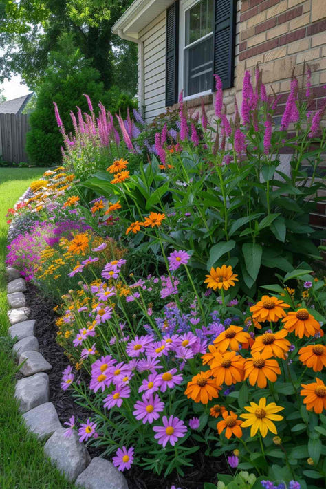 42 Gorgeous Corner Garden Ideas for a Welcoming Outdoor Space Pollinating Garden Ideas, Front Yard Landscaping Bay Window, Flower Garden Against House, Midwest Landscape Ideas Front Yard, Front House Flower Bed, Decorative Vegetable Garden, Front Garden Bed Ideas Curb Appeal, Lilac Landscaping Ideas, Pennsylvania Landscape Ideas