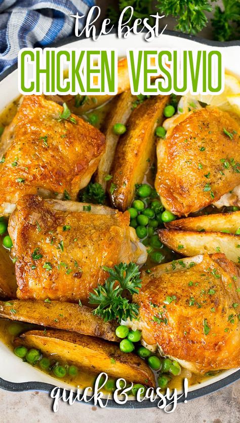 This chicken Vesuvio is tender chicken thighs and potato wedges that are roasted until golden brown, then served with peas and a white wine sauce. Chicken Vesuvio Recipe, Chicken Vesuvio, Chicken Fricassee, Pork Chicken, Favorite Recipes Chicken, Roasted Chicken Thighs, White Wine Sauce, Duck Recipes, Spicy Shrimp