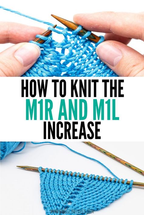 How to knit the M1R and M1L knitting increases. A very detailed step-by-step tutorial for knitting beginners on how to M1L and M1R. If you are just starting to learn how to knit, then this will be perfect. The two increases, make one left and make one right, form a pair to increase a project evenly on both sides. Click to findout how:  #knitting #knit #yarn #diy #tutorial M1r Knitting, M1l Knitting, Knitting Increase, Advanced Knitting, Knitting Hacks, Knitting Help, Knitting Stitches Tutorial, Knitting Basics, Beginner Knitting Patterns