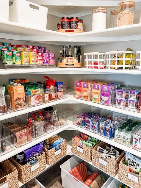 A beautifully organized pantry, including the before photo of a messy pantry. Healthy Organized Pantry, How To Organize Canned Goods In Pantry, Pantry Organization Ideas Clear Bins, Pantry Organization Clear Containers, Healthy Pantry Organization, Healthy Snacks For Pantry, Pantry Organization With Clear Bins, Food Pantry Shelving Ideas, Pantry Baking Organization