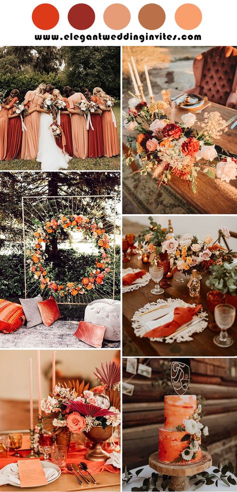 Rust Wedding Decor Color Palettes, Red Fall Wedding Theme, Red And Orange Wedding Theme, Fall Wedding Colors Pink, Rust Wedding Color Colour Palettes, Rust Red Wedding, Cinnamon Wedding Color Scheme, Rust And Pink Wedding, Rust And Blush Wedding