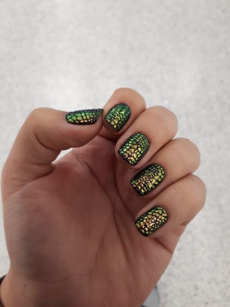 Oil Slick Chrome Nails, Dragon Scales Nail Art, Dragon Nails Designs Short, Dragon Scale Nail Art, Short Dragon Nails, Dragon Egg Nails, T Rex Nails, Short Black And Green Nails, Hand Painted Nail Art Creative