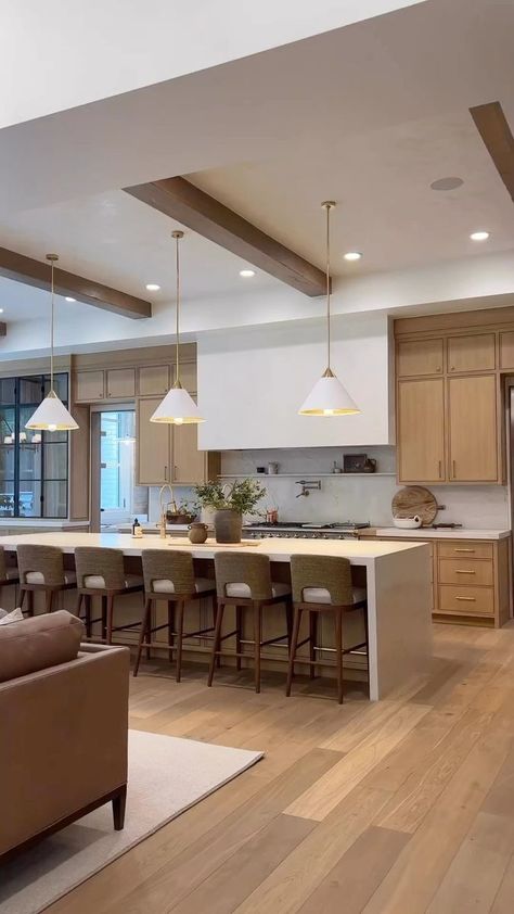 Long Kitchen Ideas With Island, 12 Foot Ceilings Kitchen, 12 Ft Ceilings Kitchen, V Shaped Kitchen, Large Kitchen Hood, Large Open Kitchen And Living Room, Modern Kitchen Design Luxury Big, Oversized Island Kitchen, Pantry Behind Kitchen