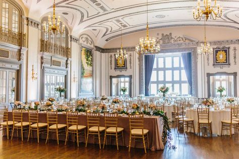 Gold Chivari Chairs, Chivari Chairs, Wedding Halls, Crystal Room, Maple Floors, Downtown Cleveland, Leaded Glass Windows, Stone Pillars, Bridal Table