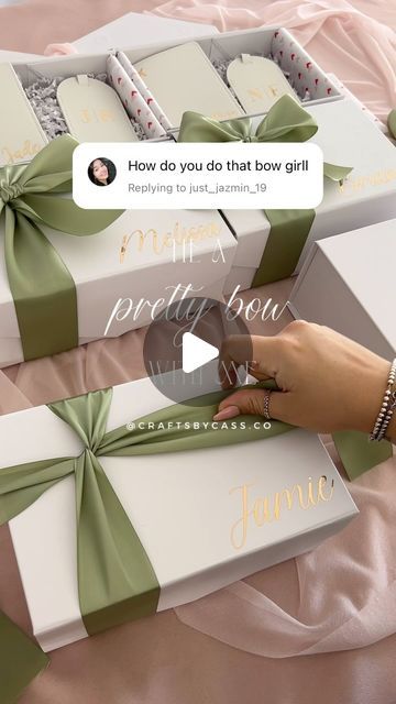 Box Bows Ribbons, How To Tie A Gift Box Ribbon, Box Ribbon Wrap Bow Tutorial, Ribbon Tutorial Gift, Bow Tieing Tutorial Ribbon, Proposal Box Ideas Bridesmaid Gifts, How To Ribbon A Box Gift, Ribbon Tying Tutorial Gift Wrapping, Gift Bows Diy Ribbon