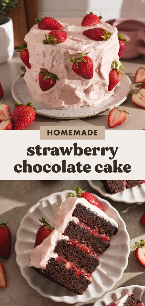 This strawberry chocolate cake is made with layers of rich and fudgy chocolate cake with homemade strawberry jam and fresh strawberries in between each layer. It's all covered with a strawberry cream cheese frosting for even more strawberry flavour. #strawberrycake #chocolatecake #layercake | teakandthyme.com Strawberry Valentines Cake, Chocolate Strawberry Dessert, Chocolate Cake Strawberry, Strawberry Cream Cheese Filling, Strawberry Chocolate Cake, Fudgy Chocolate Cake, Chocolate Covered Strawberry Cake, Chocolate Cake Layers, Homemade Strawberry Cake