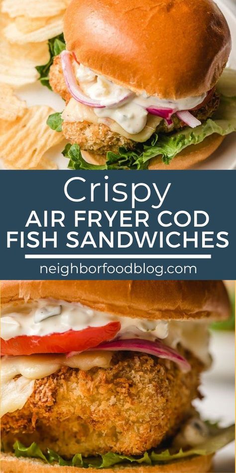 Air Fryer Cod Sandwich Recipes, Air Fryer Fish Sandwich Recipes, Crispy Cod Sandwich, Fried Cod Sandwich Recipe, Baked Fish Sandwich, Fried Cod Fish Recipes Air Fryer, Air Fryer Fish Sandwich, Fried Cod Fish Sandwich Recipes, Homemade Fish Sandwich