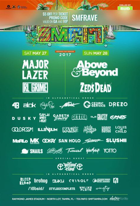 Sunset Music Festival 2017 Lineup Official photo Levitate Music Festival, Sunset Music Festival, Groove Cruise, Music Midtown, Sunset Music, Rave Ideas, Zeds Dead, Yellow Claw, Raymond James Stadium