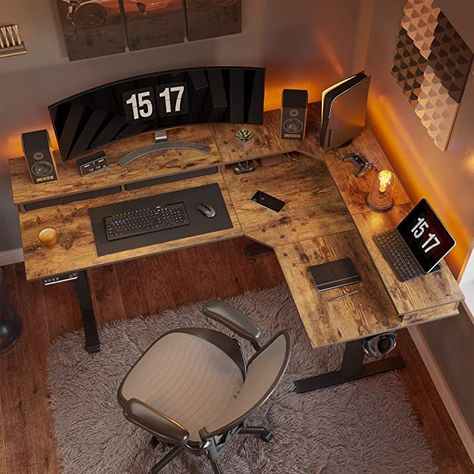 L Shaped Standing Desk, Modern Home Offices, Closet Aesthetic, Home Studio Setup, Bedroom Setup, Aesthetic Tiktok, Game Room Design, Home Office Setup, Stylish Bedroom