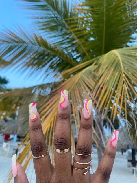 Trip Nails Summer, Colorful Wavy Nails, Vacation Design Nails, Tropical Vacation Nails Long, Bahama Vacation Nails, Summer Nails On Black Women, Vacation Nails Miami, Bright Summer Acrylic Nails Coffin Short, Beach Nails Black Women