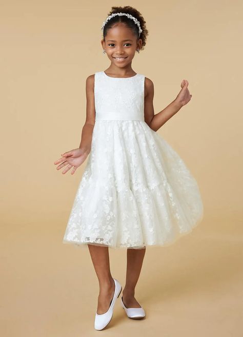 Diamond White Azazie Edie A-Line Sequins Lace Tea-Length Dress | Azazie Flower Girls Dresses Simple, Flower Girl Dresses White, Jasper Wedding, Lace Tea Length Dress, Tea Length Flower Girl Dress, Plus Size Bridal Dresses, White Flower Girl Dresses, Wedding 2025, Flower Girl Dress Lace