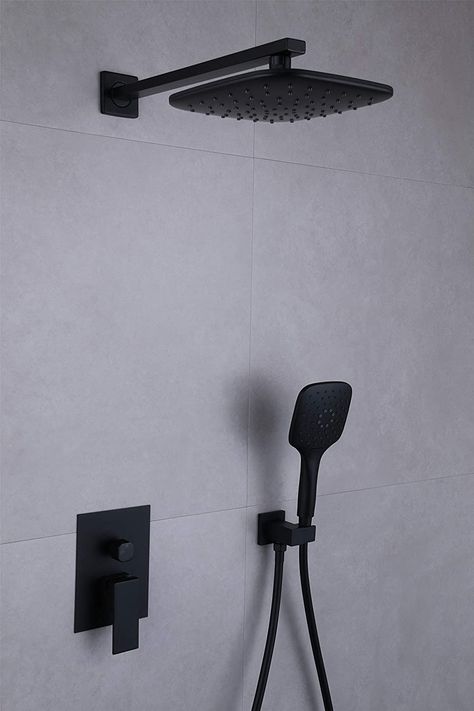 Black Taps Bathroom Shower Heads, Black Shower Taps, Black Rain Shower System, Matte Black Bathroom Shower Fixtures, Black Showerhead Set, Black Waterfall Shower Head, Head Shower Design, Washroom Tap Design, Dual Shower Heads Small Bathroom