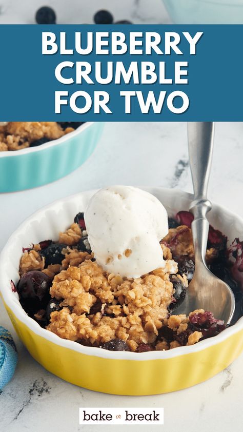 This blueberry crumble for two pairs jammy blueberries with an irresistible cinnamon-spiced oat topping for a summery small-batch dessert! Ramekin Recipes Dessert For Two, Small Batch Blueberry Crisp, Blueberry Cobbler Small Batch, Blueberry Dessert For Two, Small Batch Blackberry Cobbler, Small Batch Crumble Topping, Simple Blueberry Cobbler, Blueberry Crisp For One, Small Blueberry Cobbler