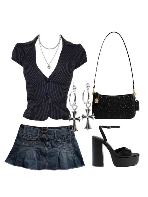 Outfit inspo y2k fashion cyber fashion style. Denim mini skirt, earrings, coach bag, platform heels, button up Early 2000s Denim Skirt Outfit, Demin Mini Skirt Y2k, 90s Denim Mini Skirt Outfit, Denim Two Piece Outfit Y2k, Denim Skirt 2000s Outfit, Mini Skirt Outfit Pleated, Y2k Outfits Denim Skirt, Outfit Inspo Denim Skirt, Early 2000s Skirt Outfits