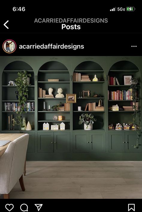 Deep Green Bookshelves, Round Bookshelf Wall, Forest Green Bookshelf, Green Book Shelves, Dark Green Built In Bookcase, Olive Green Bookshelf, Emerald Green Library, Arched Library Wall, Sage Bookshelf