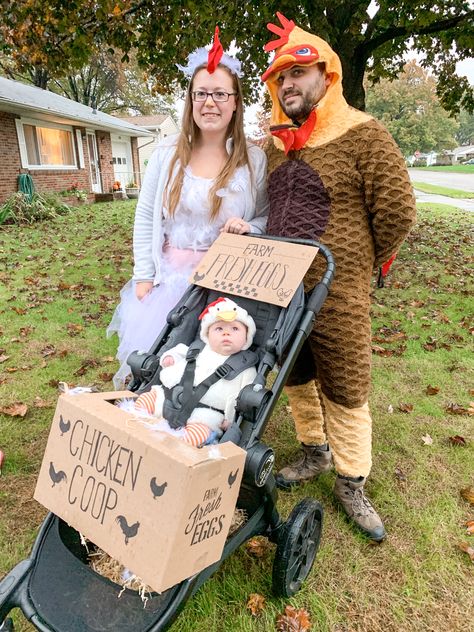 Chicken Family Halloween Costumes, Chicken Stroller Diy, Chicken Coop Stroller Halloween, Chicken Farmer Costume, Farmer Costume Family, Farmer And Chicken Costume, Chicken Coop Halloween Costume, Farm Animal Family Costumes, Chicken Coop Costume