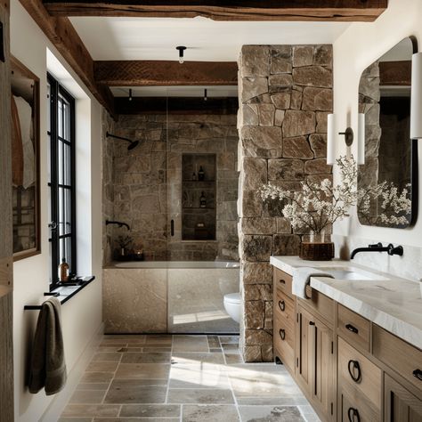 How to Create a Stunning Modern Cottage Bathroom on Any Budget Modern Cabin Bathroom, Modern Cottage Bathroom, Tennessee Farmhouse, Farmhouse Style Bathroom, Natural Stone Bathroom, Cottage Bathroom Ideas, Cabin Bathrooms, Barn Interior, Bathroom Farmhouse Style