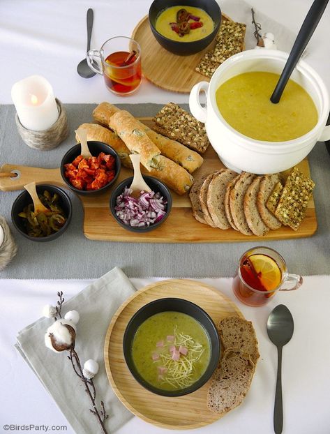 A Winter Soup Party Buffet Tablescape - quick, cozy, welcoming and easy ideas for styling a soup bar brunch or dinner party at home to celebrate this season! #soupbar #soupeparty #winterdinnerparty #dinnerparty #soup #tablescape #wintertablescape #tablesetting #soupbuffet #wintertable #winterparty Soup Bar Ideas Parties, Soup Party Ideas, Soup Buffet, Soup Station, Cozy Dinner Party, Buffet Tablescapes, Dinner Party At Home, Soup Party, Soup Bar