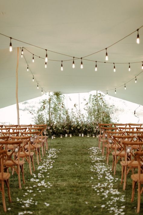 Aesthetic Weddings Outside, Wedding Ceremony In Marquee, Wedding Tent Aesthetic, Garden Wedding With Tent, Wedding Decor Ceremony Outdoor, Outdoor Wedding Wild Flowers, Backyard Marquee Wedding, Outdoor Wedding Ceremony Tent Ideas, Tented Outdoor Wedding Ceremony