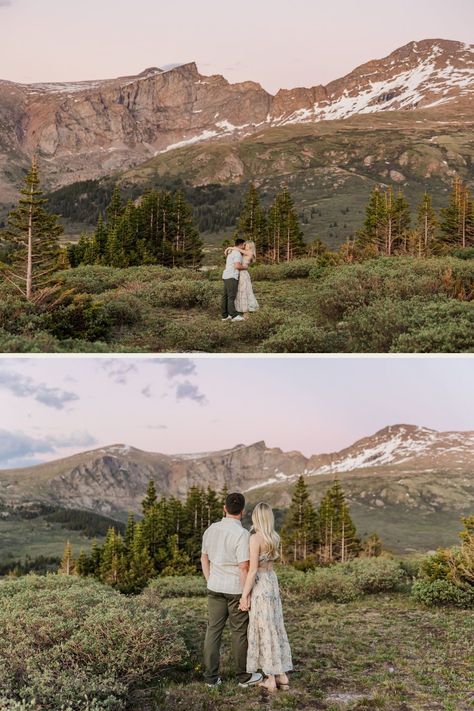 Beautiful Summer Mountain Engagement Photos | Colorado Photographer | Kayla and Sam wanted to have their summer engagement photos in the mountains of Colorado, and we had some surprise guests at their session! Discover engagement photo outfits, engagement session ideas, and summer engagement photos. Book Katie to be your Colorado engagement photographer at katiefletcherphoto.com Telluride Engagement Photos, Couples Photoshoot In Mountains, Engagement In Mountains, Fall Couple Photoshoot Colorado, Engagement Photos In Colorado, Badlands Engagement Photos, Engagement Photos Running, Rocky Mountain Engagement Photos, Engagement Photos In Mountains