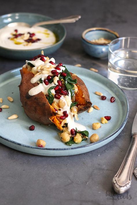 National Potato Day, Chickpea Spinach, Making Baked Potatoes, Berry Cheesecake, Toasted Pine Nuts, Tahini Sauce, Baked Sweet Potato, Sweet Potato Recipes, Mediterranean Diet