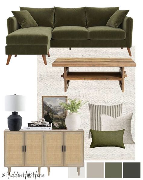 Green Sofa Kitchen, Couch Mix And Match Living Rooms, Sitting Room Green Sofa, Green Sofa Coffee Table, Green Couch Living Room Mid Century, Blue And Green Couch Living Room, Olive Green Beige Living Room, Fern Green Living Room Ideas, Evergreen Sofa Living Room