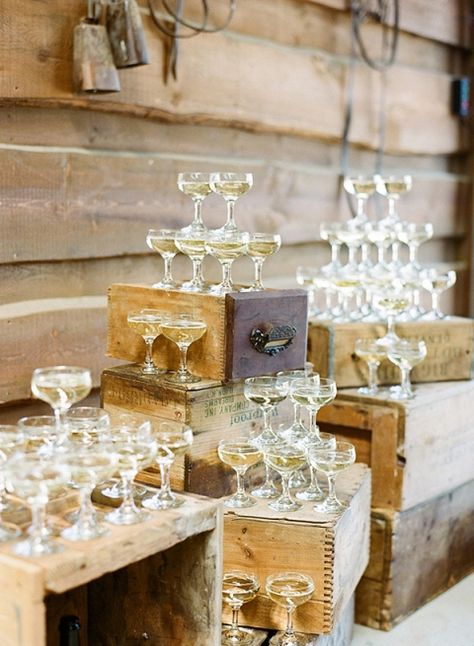 Rustic Wedding Bar, Champagne Tower Wedding, Peach Wedding Colors, Peach Wedding Bouquet, Slate Blue Wedding, Vintage Champagne Glasses, Wedding Color Combos, Blue Wedding Inspiration, Champagne Bridesmaid