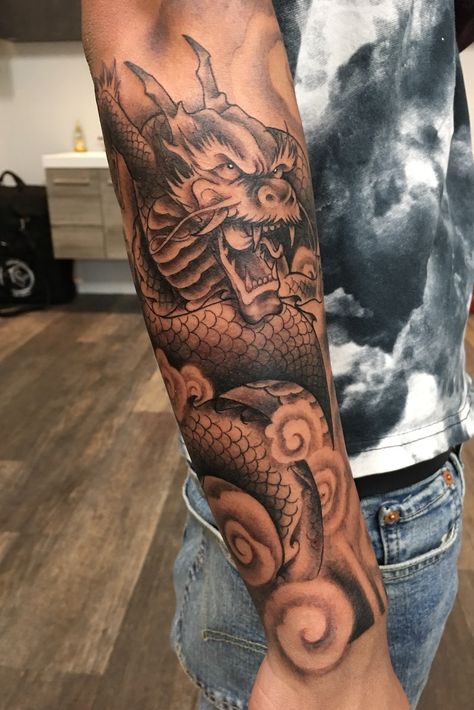 Water Forearm Tattoo, Dragon Tattoo Forearm Sleeve, Chinese Sleeve Tattoos, Quarter Sleeve Tattoo For Men, Mad Tattoo, Quarter Sleeve Tattoo, Dragon Tattoo Forearm, Japanese Forearm Tattoo, Back Of Forearm Tattoo