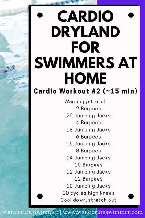 Swimming is all about cardio. Make sure you keep your heart rate up when working out at home or away from the pool. Combining burpees and jumping jacks gives a full body and cardio burning workout for swimmers (or anyone)! Swimmers Exercises Fitness, Swimming Land Training, Swimming Workout Dryland, Workout For Swimmers At Home, Swimming Conditioning Workout, Land Workouts For Swimmers, Swimmers Dryland Workout, Swimming Exercises Workout At Home, Swimmers Workout Exercises