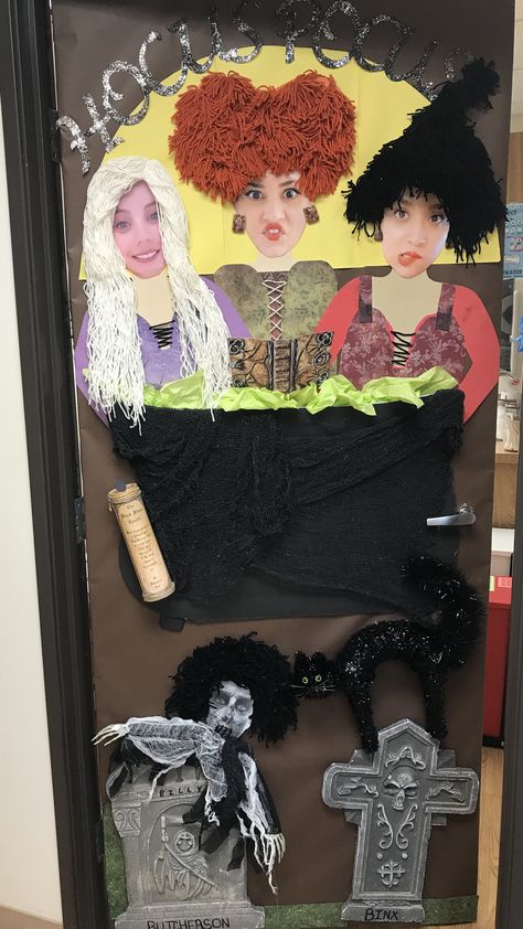 Halloween Door Decorations High School, Hocus Pocus Office Door Decorations, Halloween Classroom Door Hocus Pocus, Halloween Door Competition Ideas, Spooky Door Decorations For School, Hocus Pocus Door Decoration, I Smell Children Door Decoration, Fall Office Door Decorating Contest, Hocus Pocus Door Decorations