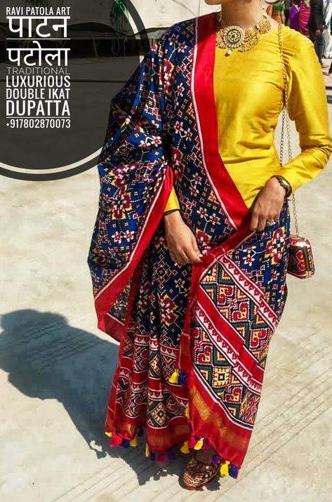 Ravi Patola Art Patan Patola Luxurious Double ikat Handlooms Weaver +917802870073 Patola Duppata With Dress, Patola Suit Designs, Patola Dupatta Salwar Suits, Dress With Patola Dupatta, Patola Dress Designs, Patola Kurti Designs Latest, India Style Dress, Patola Blouse, Patola Dupatta