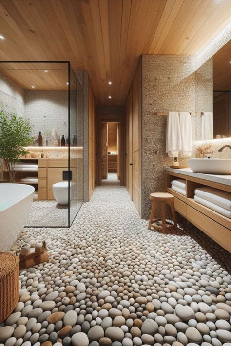 Bring the outdoors in with these natural pebble tiles. Create a spa-like atmosphere right in your own bathroom. #PebbleTiles #SpaInspired Pebble Floor Bathroom, Bathroom Tiles Ideas, Large Shower Tile, Pebble Tiles, Modern Floor Tiles, Recycled Glass Tile, Small Bathroom Tiles, Pebble Floor, Modern Spa