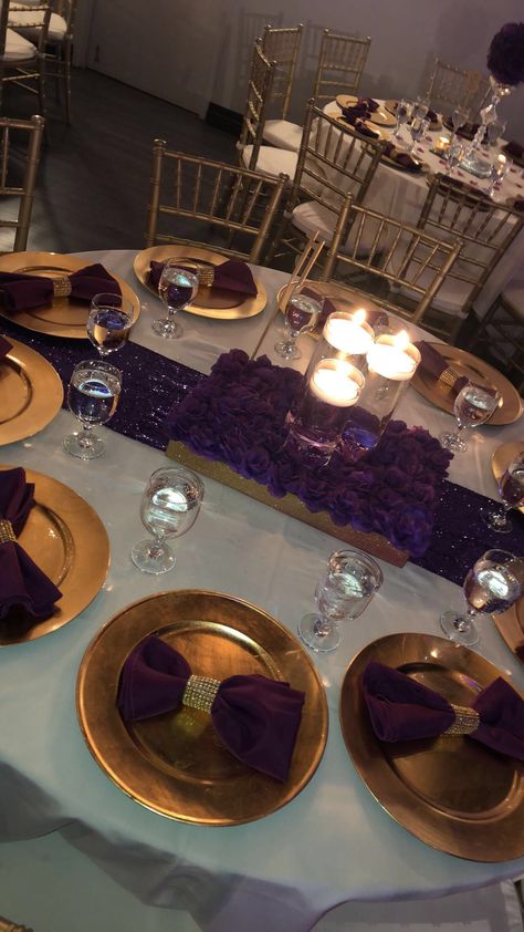 Purple Gold Backdrop, Purple And Gold Debut Theme, Purple Black Gold Wedding Centerpieces, Purple And Gold 50th Anniversary, Purple Ivory And Gold Wedding, Purple Gold Table Setting, Gold White And Purple Party, Purple Roses Centerpieces, 50th Birthday Ideas For Women Purple And Gold