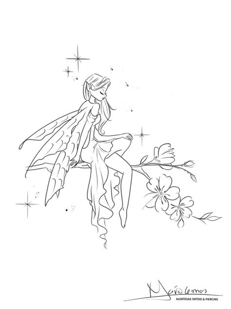 Cherry Blossom Fairy Tattoo, Fairy Design Tattoo, Fairy Aesthetic Tattoo Designs, Fairy Scene Tattoo, Fairy Fineline Tattoo, Fairy Holding Flower Tattoo, Fairy Sitting On Mushroom Tattoo, Fairy Tattoo Drawing, Faerie Tattoo Ideas