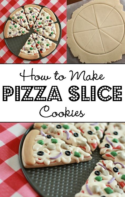 Pizza Shaped Cookies, Cookies That Look Like Food, Pizza Cookies Decorated, Cute Cookie Decorating Ideas, Pizza Sugar Cookies, Bolo Picnic, Decorated Cookies Ideas, Slice Cookies, Slice Slice Baby