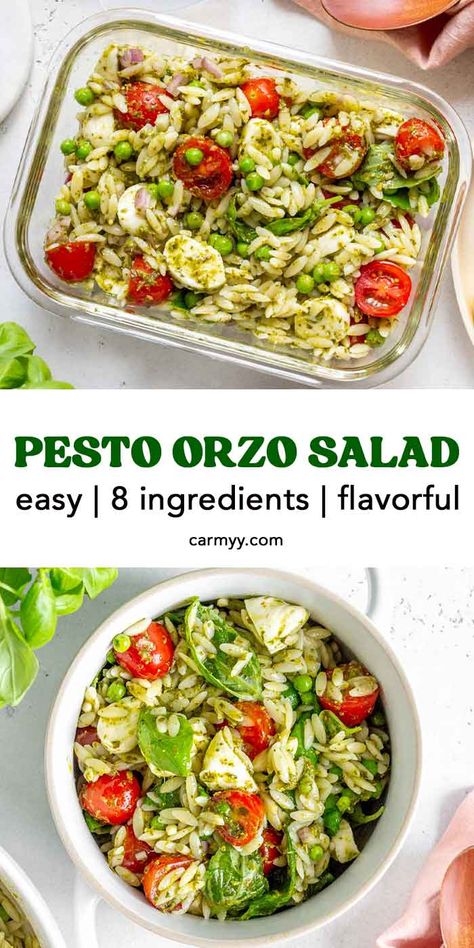 This easy and delicious orzo pesto salad comes together with only a few ingredients. Full of bright, fresh flavor, this hearty pesto orzo salad is perfect for an easy weeknight meal or a meal prep lunch!  This hearty orzo pesto salad is bursting with fresh flavors. Full of cherry tomatoes, peas, basil, shallots, and cheese tossed in a lemony pesto sauce, this pesto orzo pasta salad is just what you need this week! It’s so refreshing and you can eat it straight out of the fridge. Orzo Pesto Salad, Wholesome Salads, Orzo Salads, Pesto Orzo Salad, Orzo Pesto, Pesto Orzo, Homemade Pesto Sauce, Pesto Salad, Meal Prep Lunch